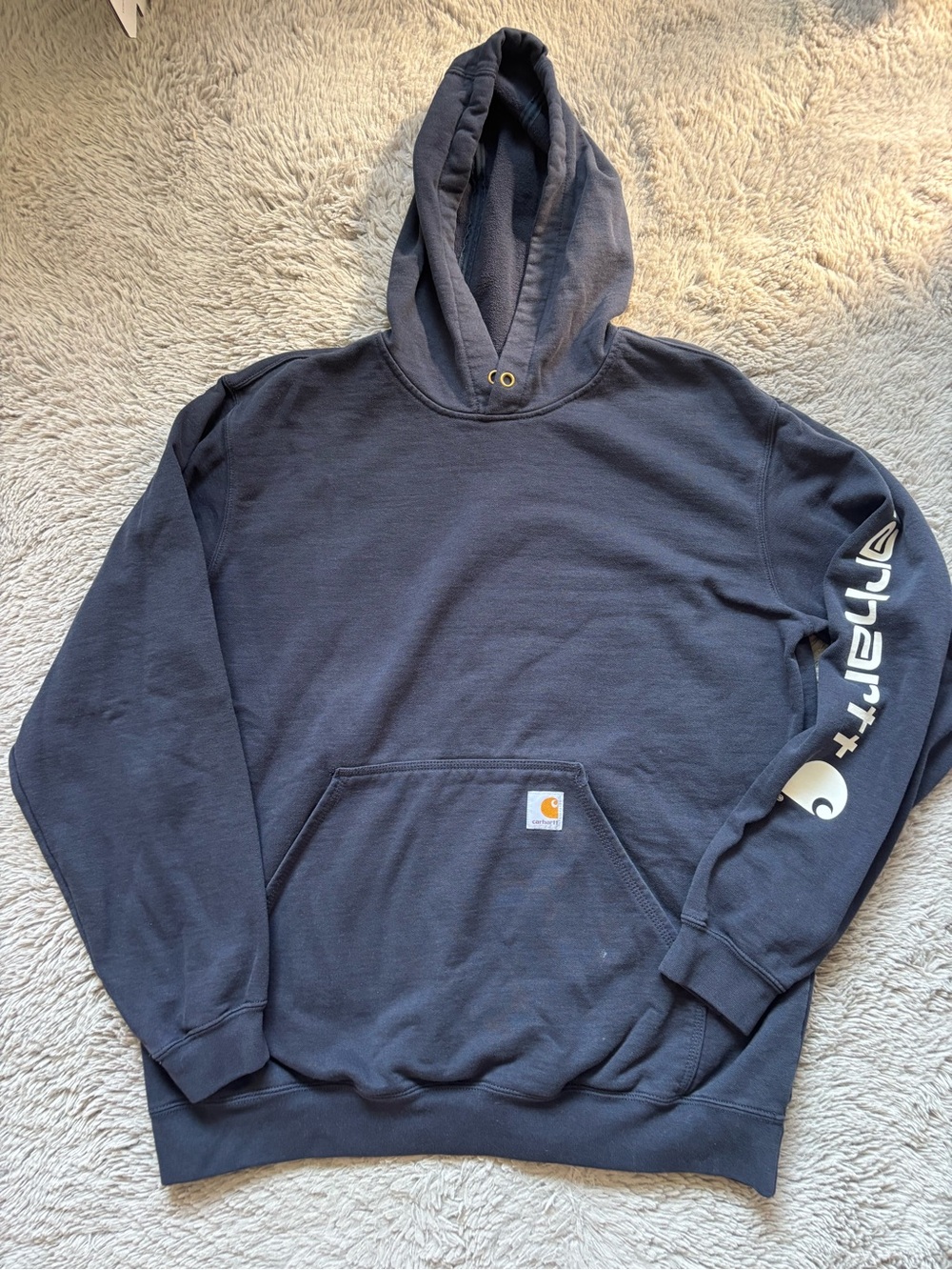 Carhartt Men's Dark Navy Hooded Loose Fit Sweatshirt with Sleeve Logo size L